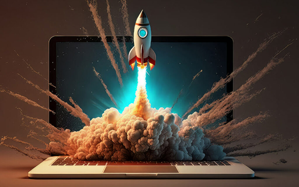 Rendering of a rocket ship launching out of a laptop